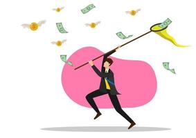 The businessman tries to catch the winged money and coins with the butterfly net. Entrepreneur Man Happy Using Business Opportunity Scooping Dollar Banknotes Flat style vector illustration