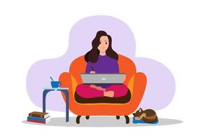 Young woman sitting on sofa and working on laptop at home. Home office concept. Female freelancer, entrepreneur. Modern business. Flat style cartoon illustration vector