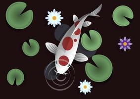 Red-spotted white koi fish come to sniff the air in the fish pond. Inside the pond there are lotus leaves and beautiful lotus flowers. vector cartoon flat style illustration