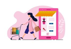 Women shopping online Via smartphone With a discounted price vector