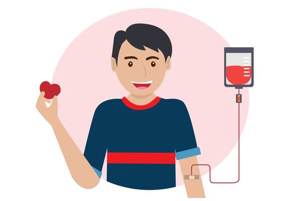  voluntarios masculinos donan sangre. donar sangre. día mundial del donante de sangre. hombre de atención médica que sostiene el corazón para la ilustración de vector de dibujos animados plana   Vector en