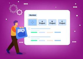 The concept of a completed task effective planning time management man standing next to clipboard with notes show ok gesture Organize the agenda flat vector illustration