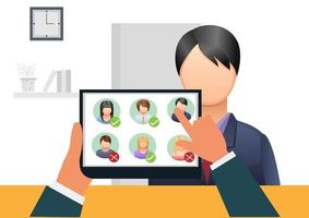 Candidate Selection Process The concept of recruiting employees with resumes and competences based on online systems, interviews, selection process. Flat style cartoon illustration vector