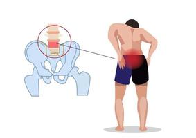 hombre sosteniendo su cintura el torso desnudo de un hombre desde atrás. dolor. columna vertebral. o bocetos realistas según el vector de ilustración de dibujos animados de estilo plano