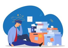 Tired businessman sitting on the floor There is a large pile of documents Disorganized document search concept. Gives a headache. Flat style cartoon vector illustration.