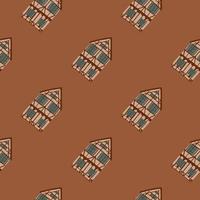 Building seamless pattern with house cartoon print. Brown background. Simple backdrop. vector
