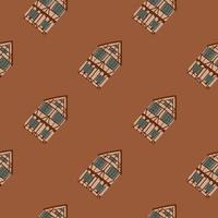 Building seamless pattern with house cartoon print. Brown background. Simple backdrop. vector