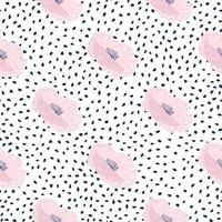 Light pink poppy buds seamless pattern. White background with black dots. Simple hand drawn flower print. vector