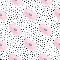 Light pink poppy buds seamless pattern. White background with black dots. Simple hand drawn flower print. vector