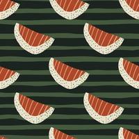 Red stripped and white slices abstract seamless fruit pattern. Green dark background with strips. vector