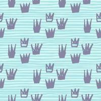 Crown doodle elements seamless hand drawn pattern. Bright background with strips. vector