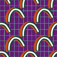 Geometric style seamless pattern with doodle 3d abstract shapes print. Purple chequered background. vector