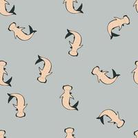 Minimalistic seamless pattern with little hammerhead sharks silhouettes. Light blue background. vector