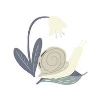 Composition snail on leaf with flower on white background. Funny cartoon character in doodle style. vector