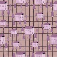 Random pale seamless stylized village pattern with houses and fir tree silhouettes. Chequered background and creative ornament in lilac and beige tones. vector