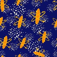 Random seamless bright pattern with prange molecule formula elements. Navy blue background with white splashes. vector