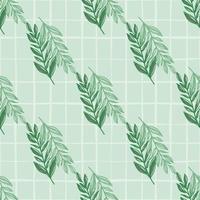 Simple botanic seamless pattern with foliage branches. Green contoured ornament on light turquoise background with check. vector