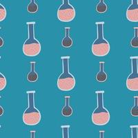 Pink cartoon seamless pattern with flask element. Turquoise background. Laboratory college print. vector