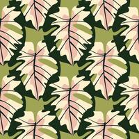 Multicolor exotic seamless monstera doodle pattern. Pink and green colored tropical foliage on dark background. vector