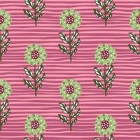 Spring nature seamless pattern with light green folk flowers ornament. Pink striped background. Hand drawn style. vector