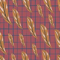 Autumn foliage seamless pattern with orange stylized leaf elements. Pink chequered background. vector