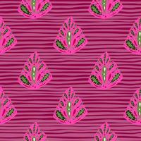 estampado de elementos abstractos de monstera de color rosa y verde. fondo de rayas rosas. telón de fondo de la flora del garabato. vector