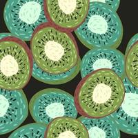 Random seamless pattern with kiwi slice ornament. Green colored fruits on black background. vector