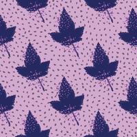 Abstract seamless pattern with maple leaf on dots background. Simple draw leaves in blue color. vector