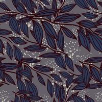 Outline foliage silhoettes seamless pattern. Navy blue botanic ornament on pale background with splashes. vector