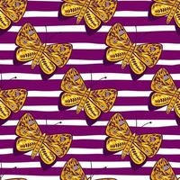 Yellow butterfly folk style seamless doodle patterm. Purple and white striped background. Botanic ornamental insects. vector