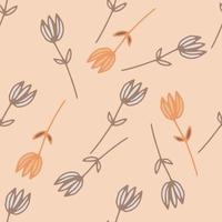 Random seamless floral pattern with contoured flowers in orange and grey tones. Soft light pink background. vector