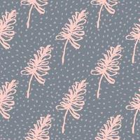 Simple minimalistic botanic seamless pattern with branches. Pink contoured elements on pale navy blue dotted background. vector