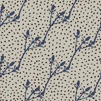 Botanic seamless pattern with navy blue thorn branches. Grey background with dots. Creative floral print. vector