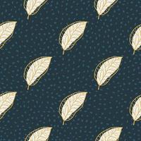 Simple abstract seamless leaf pattern. Stylized botanic print with navy blue dotted background and white yellow contoured foliage. vector