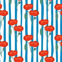 Bright poppy flower silhouettes seamless pattern. Floral ornament in red color on background with blue and white strips. vector