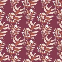 Wild forest bouquet seamless hand drawn pattern. Autumn print with white and brown branches on maroon background. vector