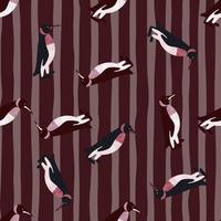 patrón animal sin costuras con estampado de pingüinos al azar. fondo marrón rayado. telón de fondo del zoológico de dibujos animados. vector
