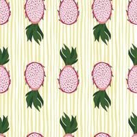 Pink dragon fruit silhouettes seamless pattern. Yellow striped background. Summer backdrop. vector