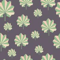 Bloom seamless pattern with green random exotic leaf ornament. Purple pastel background. Floral backdrop. vector