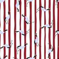 Abstract exotic zoo seamless pattern with random crane bird silhuettes print. Red and white striped background. vector