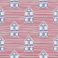 Blue tones house cartoon seamless pattern in hand drawn style. Red and grey striped background. vector