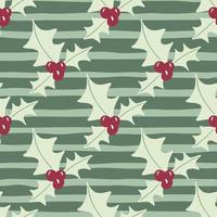 Seamless new year pattern with mistletoe xmas branches. Stripped background. Red berries. Winter print. vector