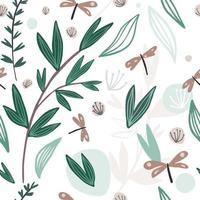 Cute dragonfly, dandelion, branch and leaves seamless pattern. Floral background. Scandinavian style. vector