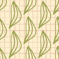 Green outline leafs on seamless floral pattern. Pink chequered background. Simple design. vector