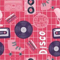 Pink and purple palette seamless pattern with disco ball, microphone, rollers, cassette, tape recorder, vinyl, record shapes. Chequered background. vector