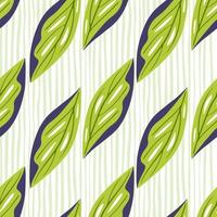 Green doodle geometric leaves seamless pattern in hand drawn style. Light striped background. vector