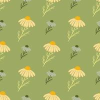 Yellow and blue chamomile flowers seamless pattern in floral style. Green background. Vintage print. vector