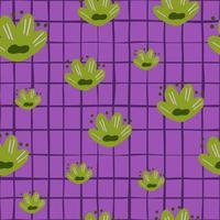 Random bright green childish flowers seamless pattern. Purple chequered background. Abstract kids print. vector