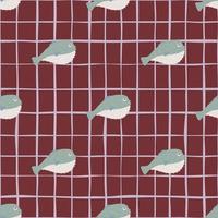 Abstract seamless doodle pattern with hand drawn fish silhouettes ornament. Maroon chequered background. vector