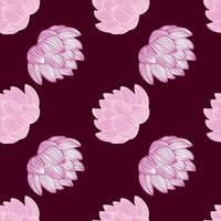 Bloom seamless pattern with contoured pink lotus flower shapes. Dark maroon background. Simple design. vector